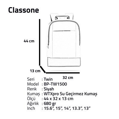 Classone TW1500 Twin Color 15.6 inch  Notebook Sırt Çantası-Siyah