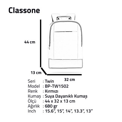 Classone TW1502 Twin Color 15.6 Sırt Notebook Çantası-Kırmızı