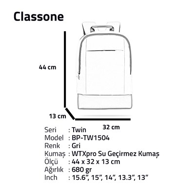 Classone TW1504 Twin Color 15.6 inch Notebook Sırt Çantası-Gri