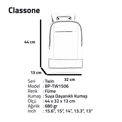 Classone TW1506 Twin Color 15.6 inch Notebook Çantası-Füme