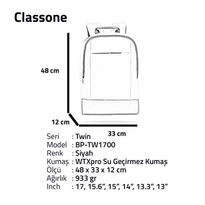 Classone TW1700 Twin Color 17 inch  Notebook Sırt Çantası-Siyah