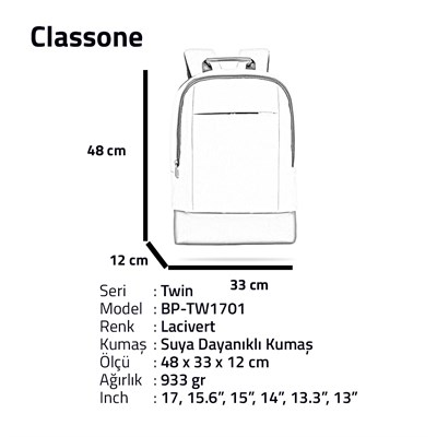 Classone TW1701 Twin Color 17 inch Notebook Çantası-Mavi