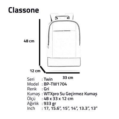 Classone TW1704 Twin Color 17 inch Notebook Sırt Çantası-Gri