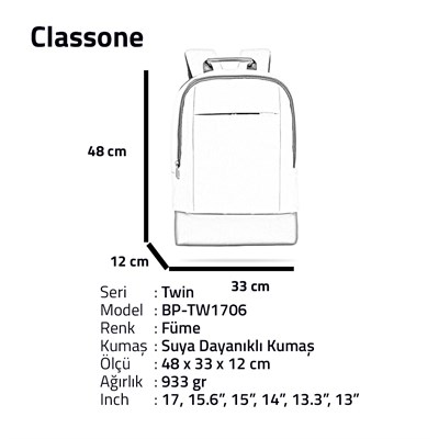 Classone TW1706 Twin Color 17 inch Notebook Çantası-Füme