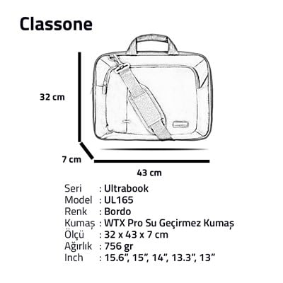 Classone UL165 Ultrabook Serisi Notebook Çantası 13.3 - 15,6 inch uyumlu- Bordo