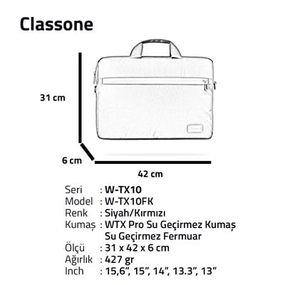 Classone W-TX10 Serisi WTXpro Su Geçirmez Kumaş, Su Geçirmez Fermuar W-TX10FK 15.6 inch Uyumlu Macbook, Notebook, Laptop, Tablet Taşıma Çantası-Siyah/Kırmızı