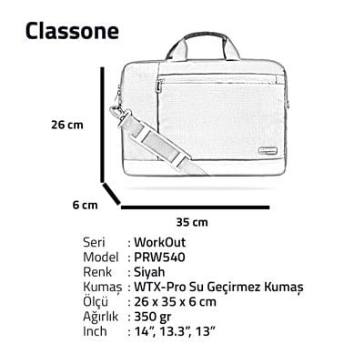 Classone WorkOut Serisi PRW540 WTXpro Su Geçirmez Kumaş 13-14 inch Laptop , Notebook Çantası -Siyah