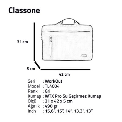 Classone WorkOut Serisi TL4004 15.6 inch Laptop , Notebook Çantası -Gri