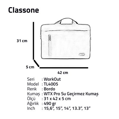 Classone WorkOut Serisi TL4005 15.6 inch Laptop , Notebook Çantası -Bordo