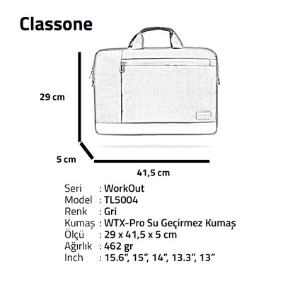 Classone WorkOut Serisi TL5004 15.6 inch Laptop , Notebook Çantası -Gri