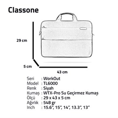 Classone WorkOut Serisi TL6000 15.6 inch Laptop , Notebook Çantası -Siyah