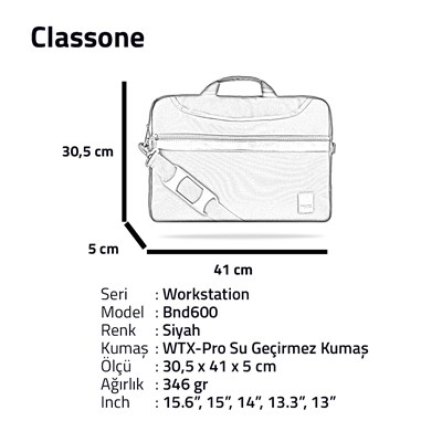 Classone WorkStation 15.6 inch Su geçirmez Kumaş, Notebook Laptop Çantası -Siyah