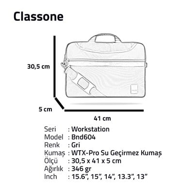 Classone WorkStation 15.6 inch Su geçirmez Kumaş, Notebook Laptop Çantası -Gri