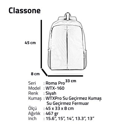 Classone WTX-160 Roma Pro Serisi WTXpro Su Geçirmez Kumaş, Su Geçirmez Fermuar 15.6 inch uyumlu Macbook, Laptop, Notebook Sırt Çantası –Siyah