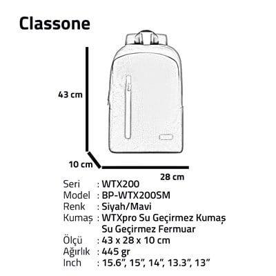 Classone WTX200SM Pro 15.6 inch uyumlu WTXpro Su Geçirmez Kumaş, Su Geçirmez Fermuar, Macbook , Laptop , Notebook Sırt Çantası –Siyah/Mavi