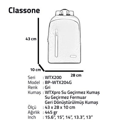 Classone WTX204G Pro 15.6 inch uyumlu WTXpro Su Geçirmez Kumaş, Su Geçirmez Fermuar, Geri Dönüştürülmüş Kumaş, Macbook , Laptop , Notebook Sırt Çantası –Gri