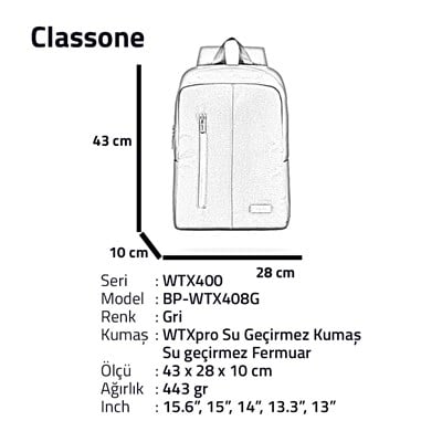 Classone WTX408G Pro 15.6 inch uyumlu WTXpro Su Geçirmez Kumaş, Su Geçirmez Fermuar, Macbook , Laptop , Notebook Sırt Çantası –Gri