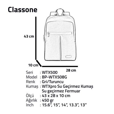 Classone WTX506GT Pro 15.6 inch uyumlu WTXpro Su Geçirmez Kumaş, Su Geçirmez Fermuar, Macbook , Laptop , Notebook Sırt Çantası -Gri/Turuncu