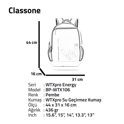 Classone WTXpro Serisi BP-WTX106 15.6 inch Uyumlu Macbook, Laptop, Notebook Sırt Çantası- Pembe