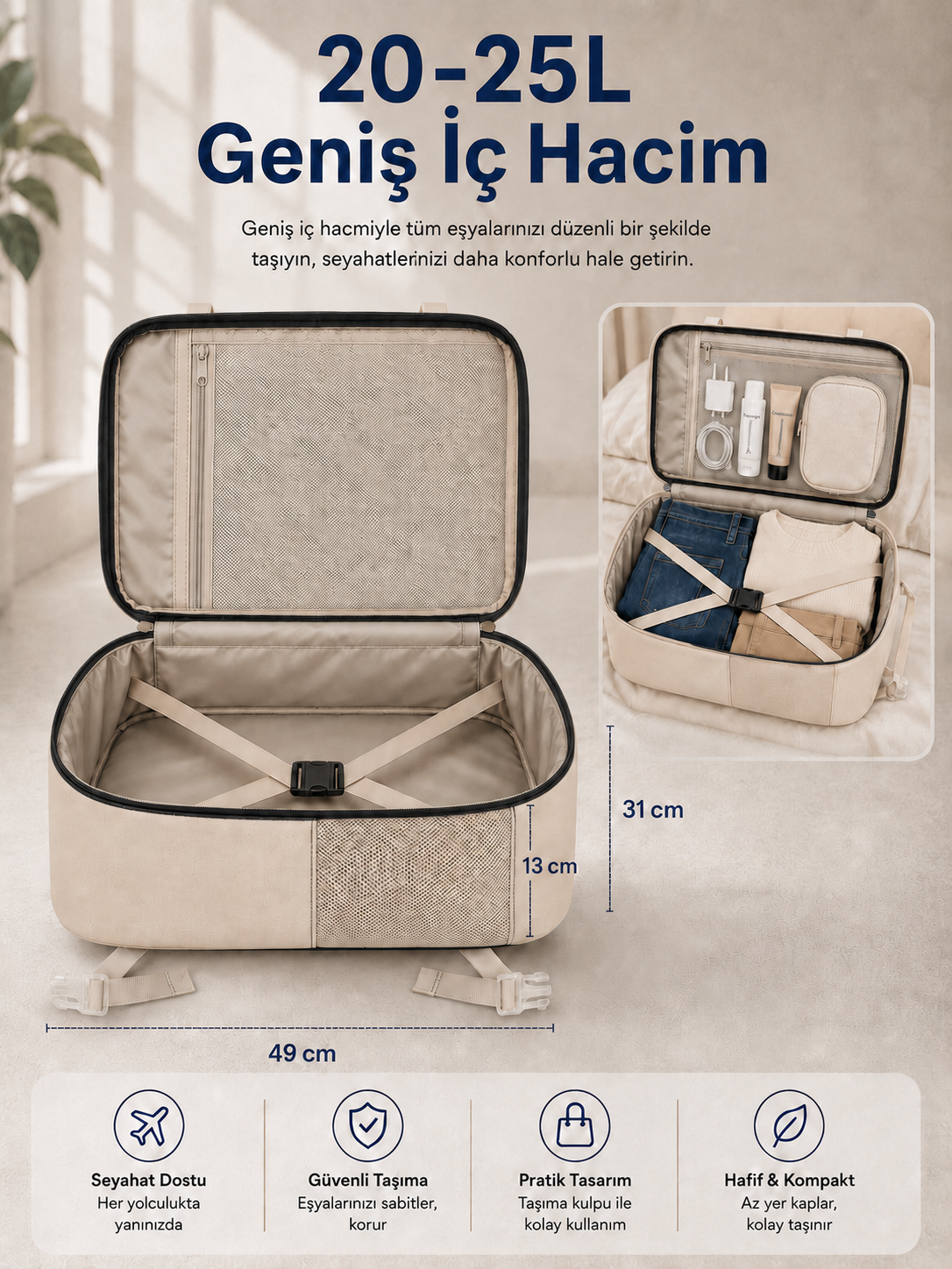 Classone XYZ Serisi TR-100B Kabin Boy ,Uçak İçi , Ergonomik, Laptop ve Tablet Bölmeli, Seyahat, Valiz, 15 -18 inch Uyumlu Notebook, Laptop Sırt Çantası – Bej
