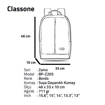 Classone Z Serisi 15.6 Notebook Sırt Çantası -Bordo