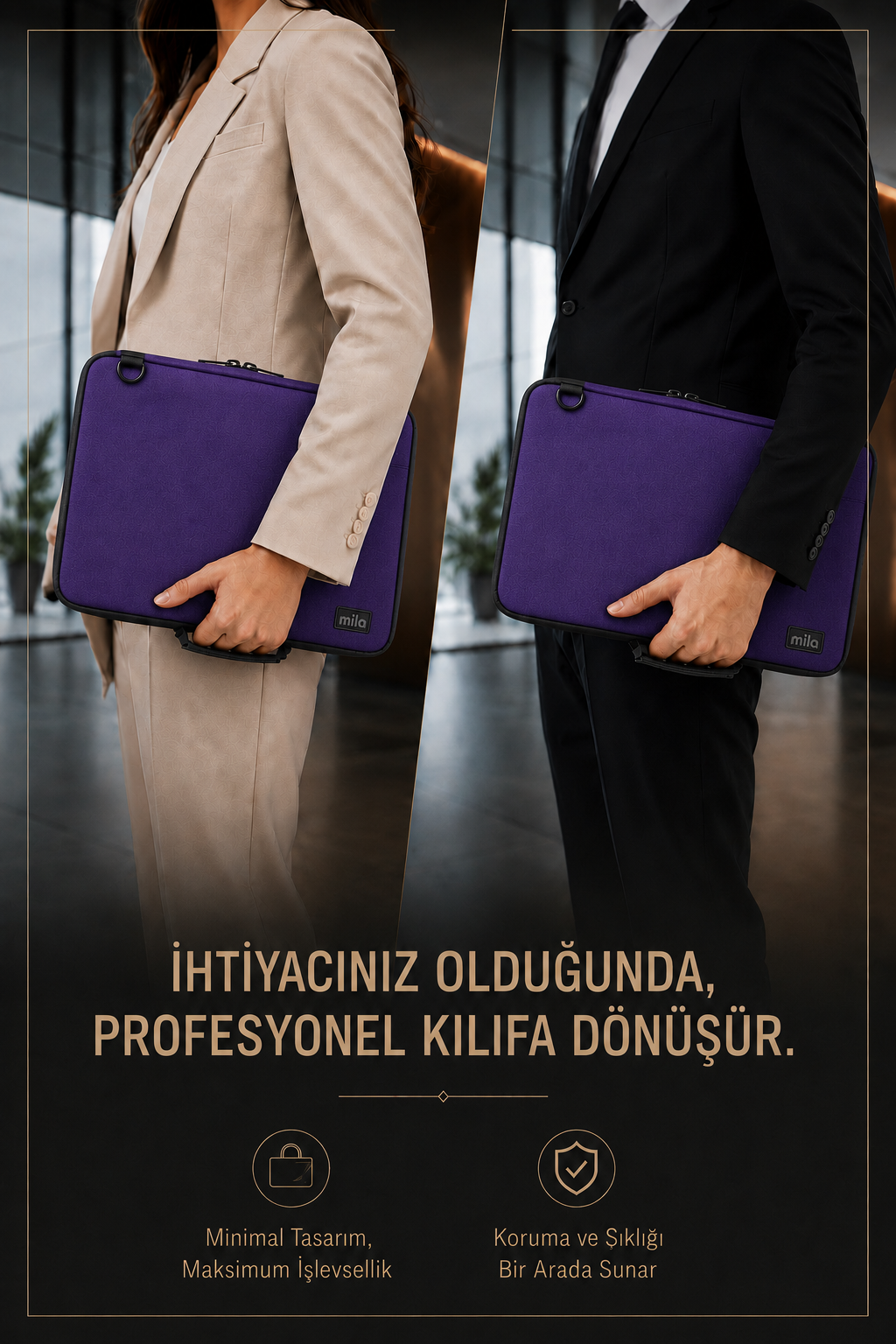 Mila 3in1 Serisi MLK143 13,14 inch Uyumlu Tablet, Laptop El ve Omuz Çantası – Mor