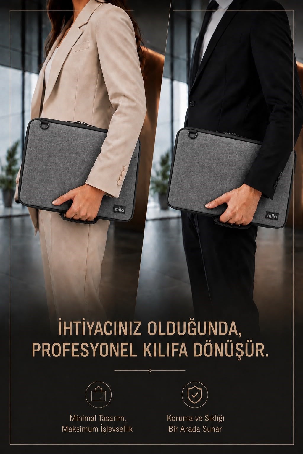 Mila 3in1 Serisi MLK144 13,14 inch Uyumlu Tablet, Laptop El ve Omuz Çantası – Keten Gri