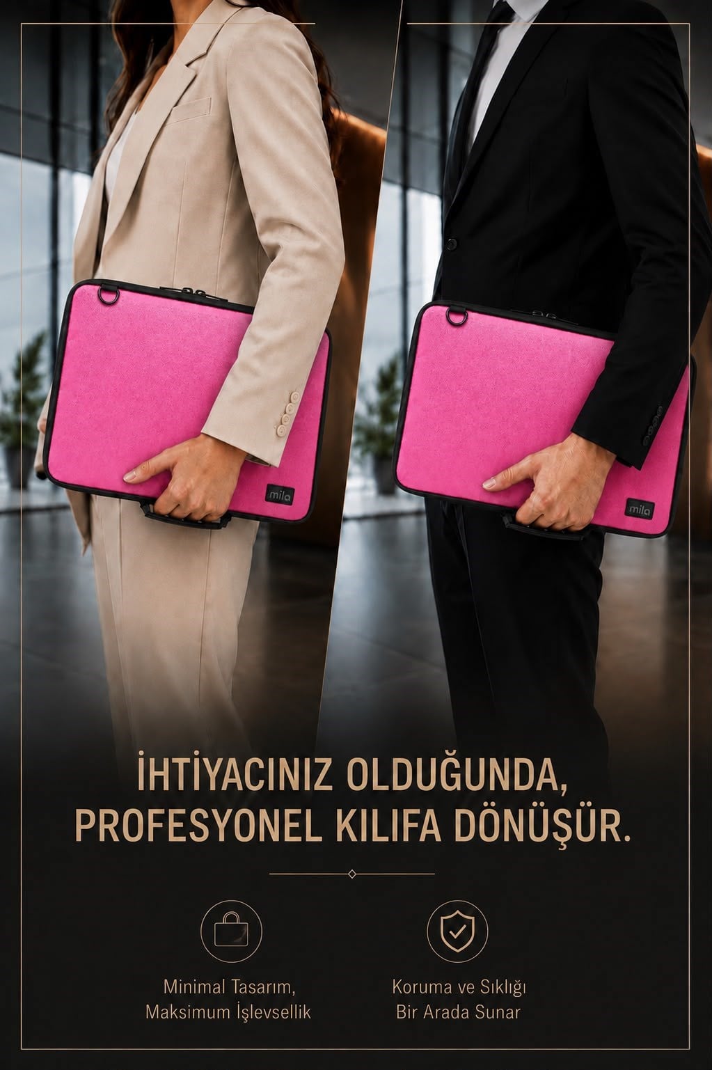 Mila 3in1 Serisi MLK146 13,14 inch Uyumlu Tablet, Laptop El ve Omuz Çantası – Pembe