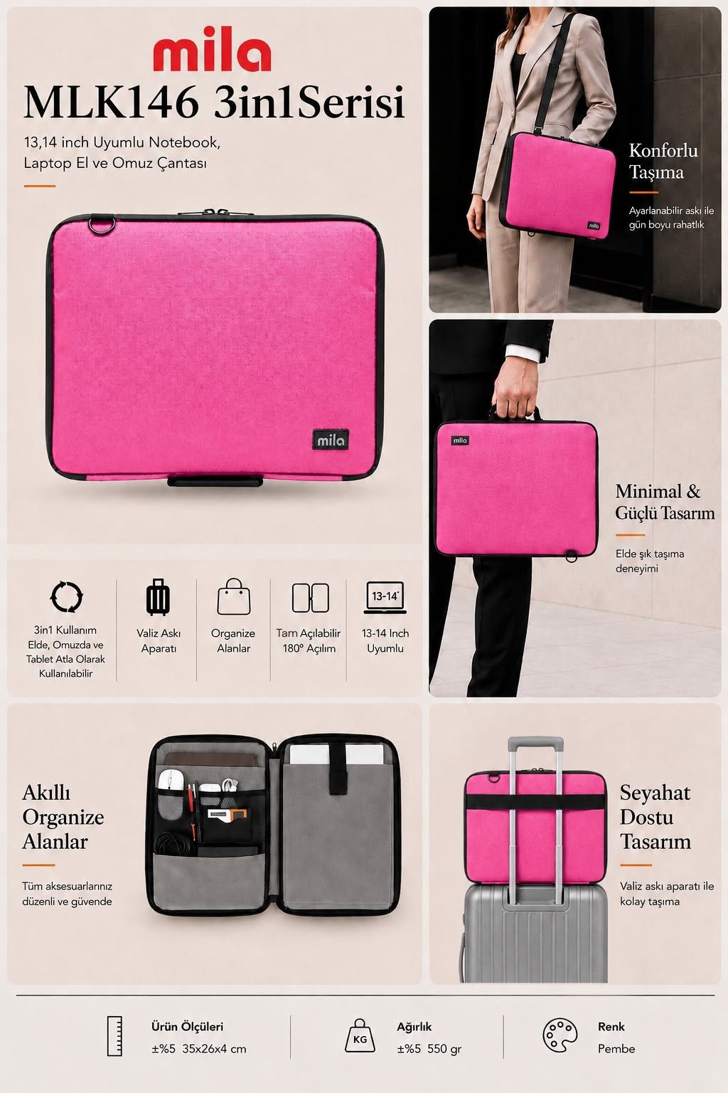 Mila 3in1 Serisi MLK146 13,14 inch Uyumlu Tablet, Laptop El ve Omuz Çantası – Pembe