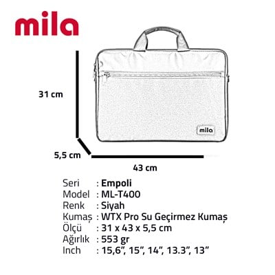 Mila ML-T400, Empoli Serisi WTXpro Su Geçirmez Kumaş-15.6 inch uyumlu Macbook, Macbook air, Laptop, Notebook Taşıma Çantası –Siyah