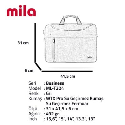 Mila T204 Business serisi WTXpro Su Geçirmez Kumaş, Su Geçirmez Fermuar 15.6 inch uyumlu Macbook , Laptop , Notebook Taşıma Çantası –Gri