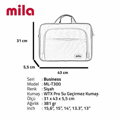 Mila T300 Business serisi 15.6 inch uyumlu WTXpro Su Geçirmez Kumaş Macbook , Laptop , Notebook Taşıma Çantası -Siyah