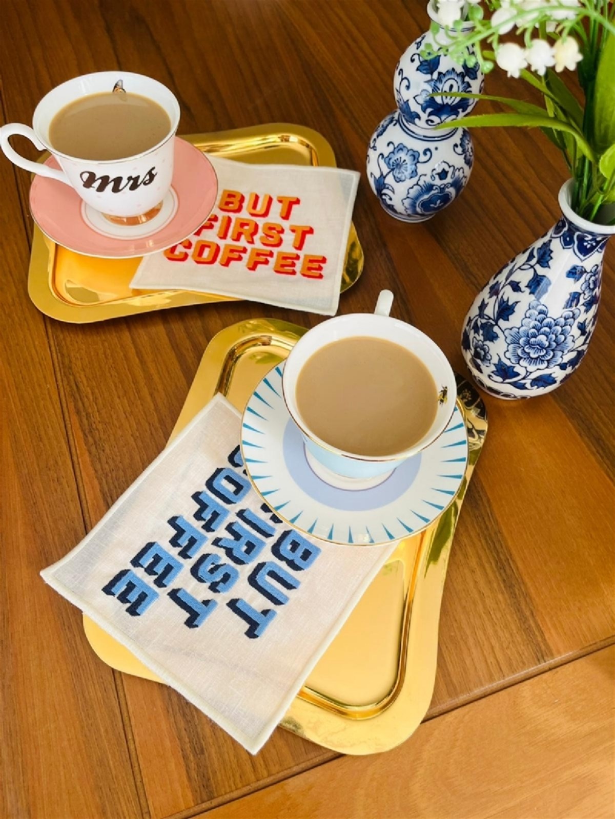 Dekoratif But First Coffee Desenli Kokteyl Peçetesi - 1 Adet Turuncu Nakışlı