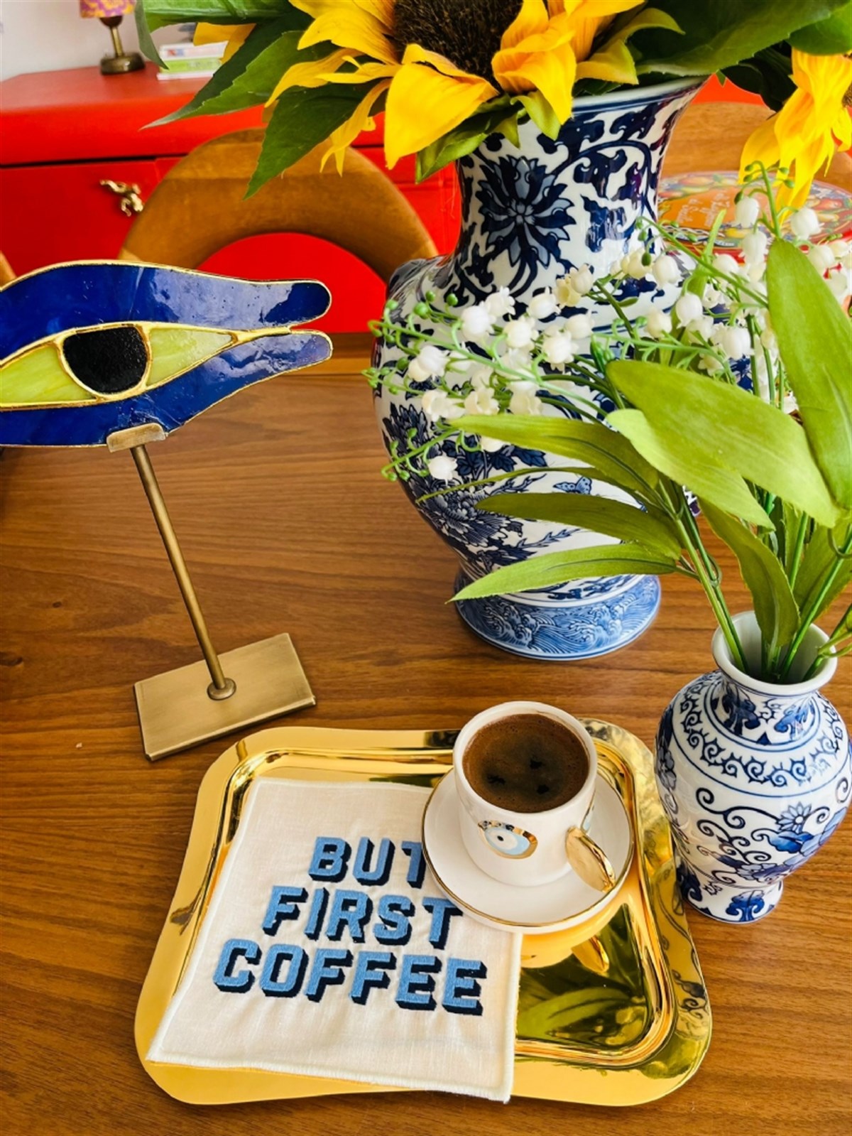 Dekoratif But First Coffee Desenli Kokteyl Peçetesi - 1 Adet Mavi Nakışlı