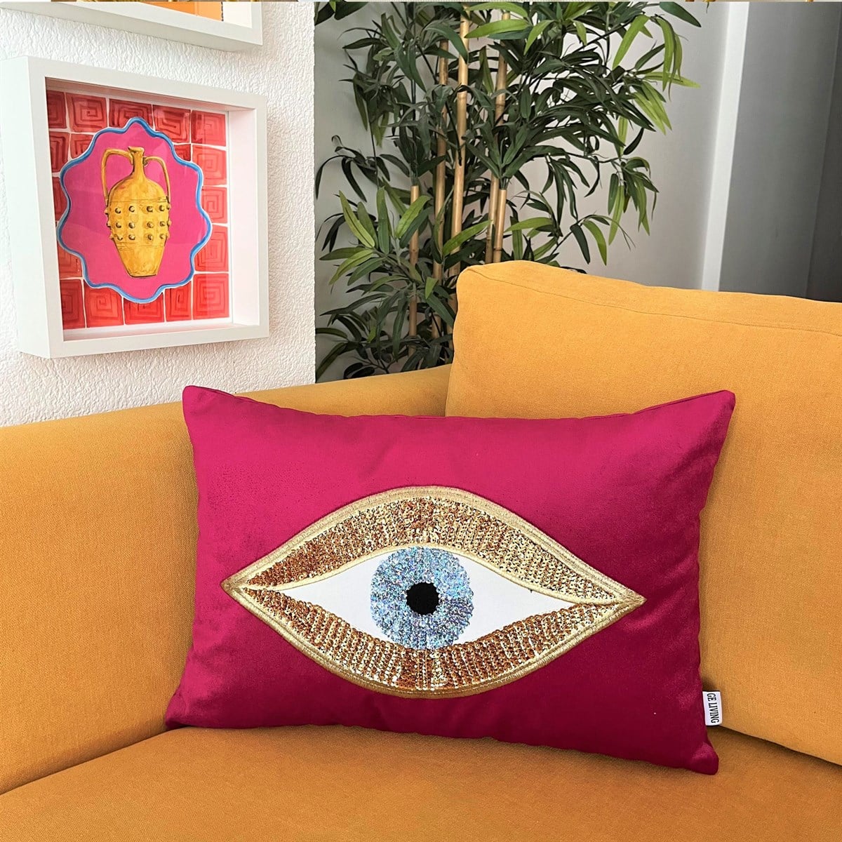 Dekoratif Pullu Göz Desenli Mor Kadife Kırlent Kılıfı ( 35 cm x 50 cm ) 