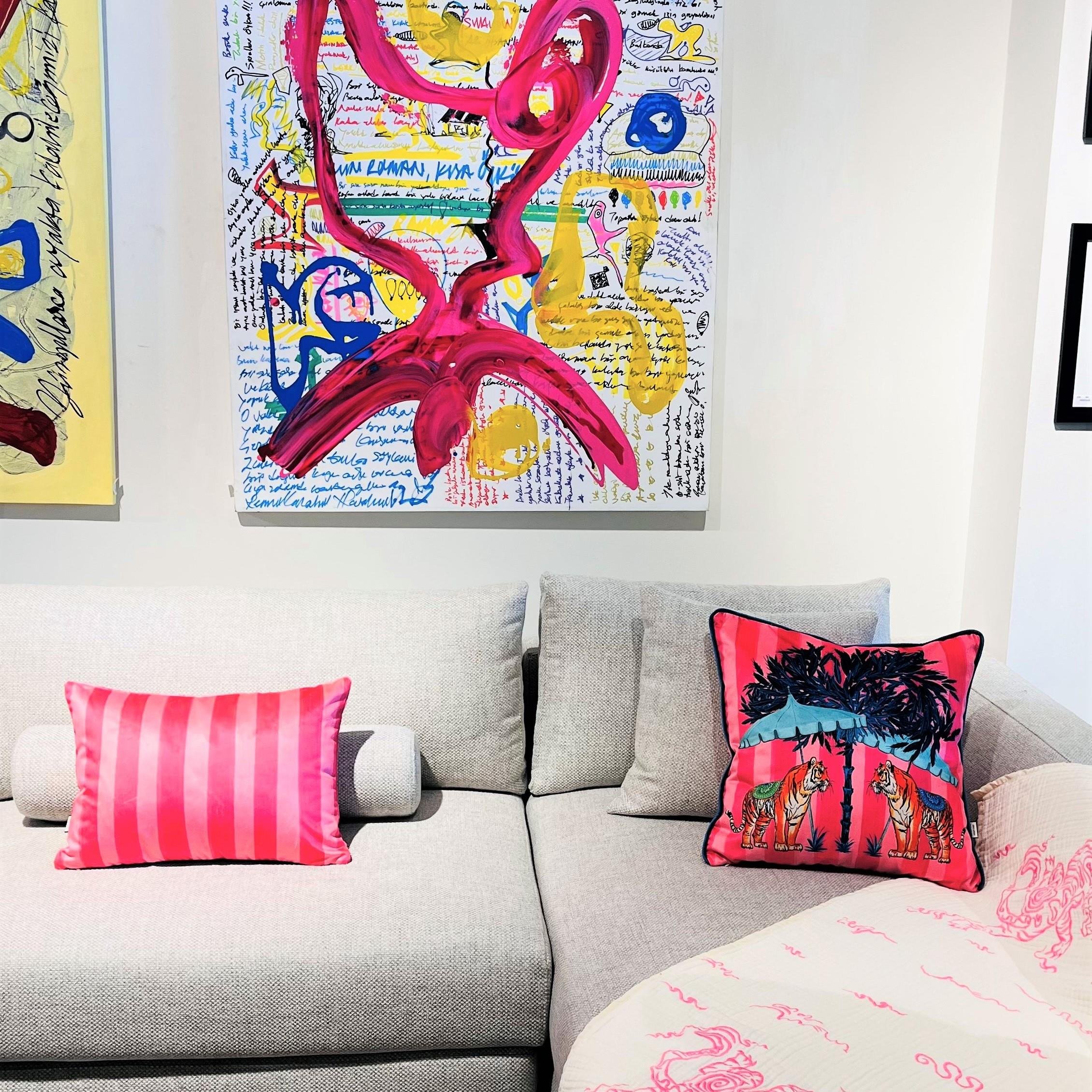 Pembe Çizgili Kadife Kırlent Kılıfı ( 35 cm x 50 cm )