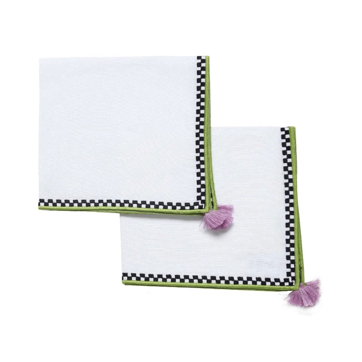 Renkli Puantiye Damalı Mor Püsküllü Beyaz Keten Servis Peçete ( 2 Adet )