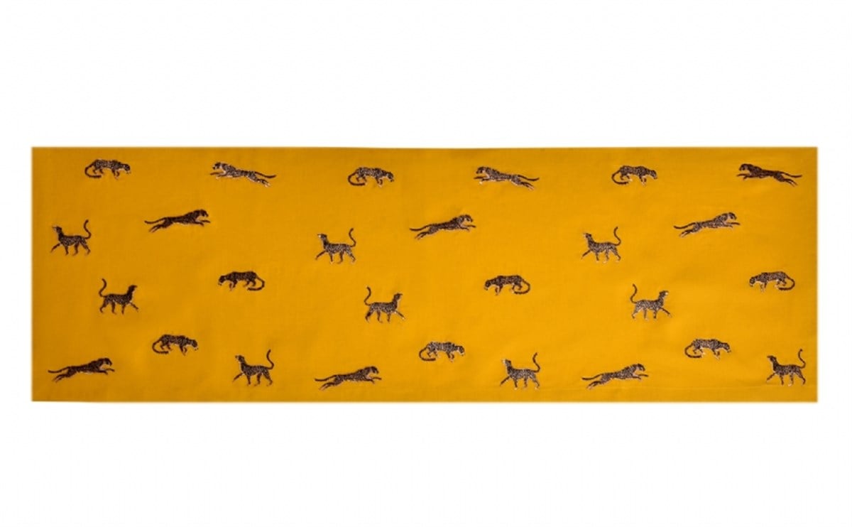 Runner - Leopar Deseni Nakış İşlemeli Dekoratif Sarı Keten Masa Örtüsü