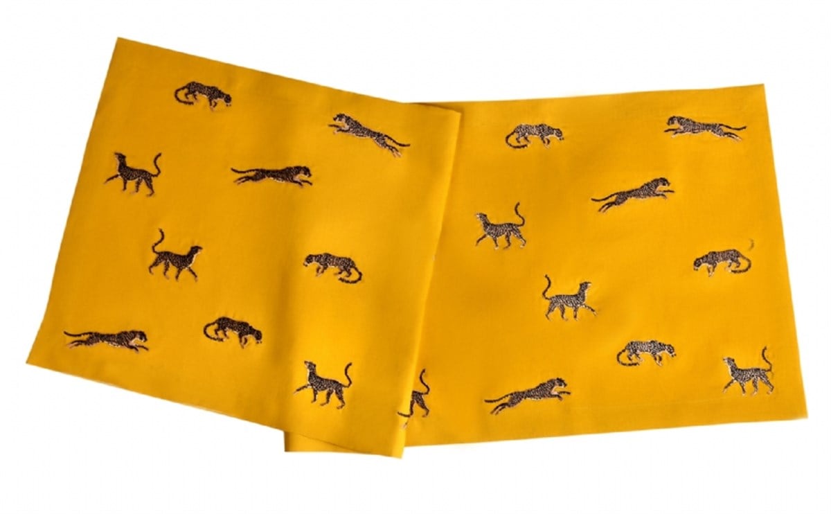 Runner - Leopar Deseni Nakış İşlemeli Dekoratif Sarı Keten Masa Örtüsü