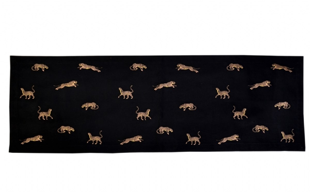 Runner - Leopar Deseni Nakış İşlemeli Dekoratif Siyah Keten Masa Örtüsü