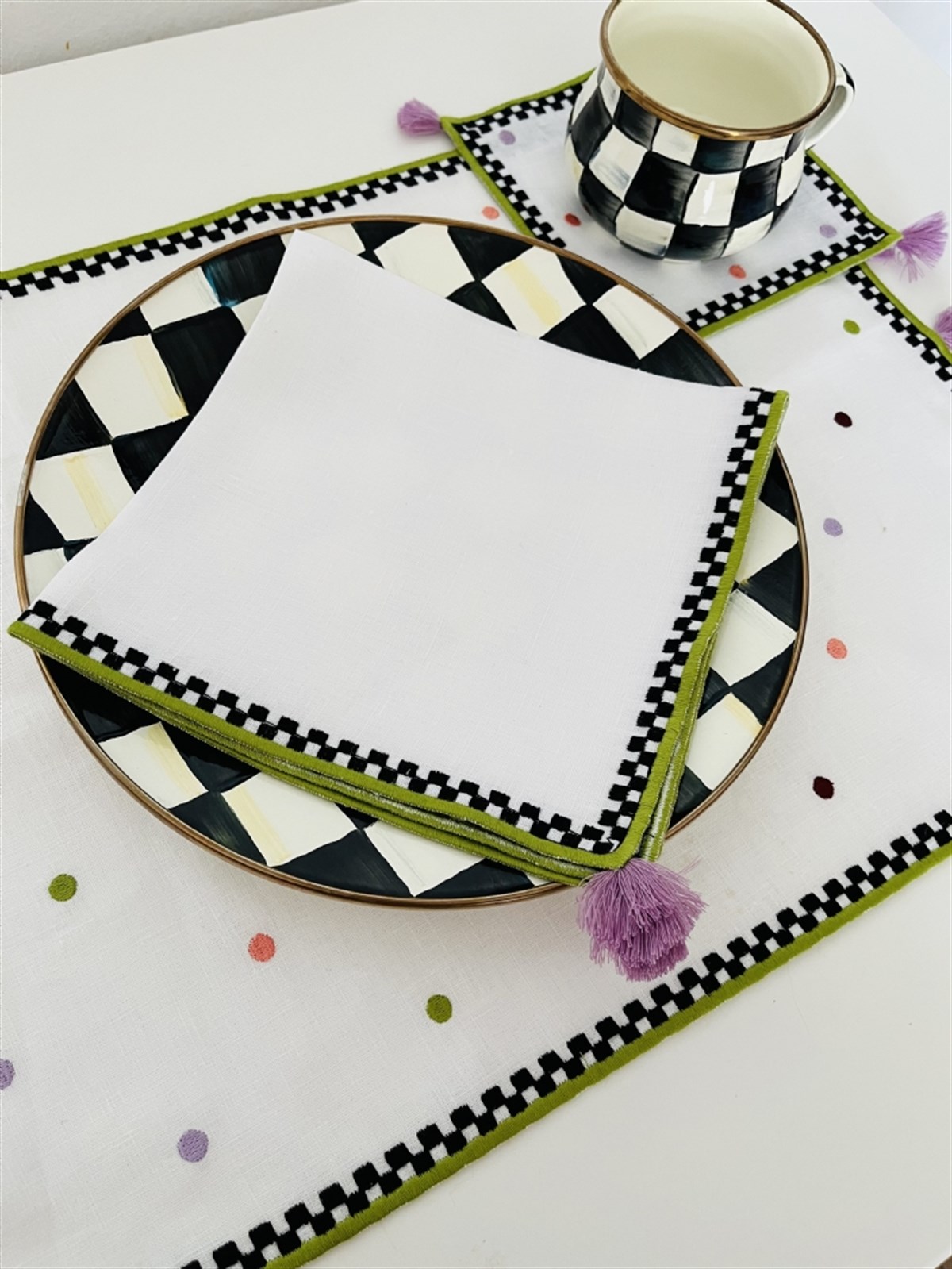 Servis Peçetesi - 2 Adet Renkli Puantiyeli - Damalı - Mor Püsküllü İşlemeli Keten Kumaş Peçete