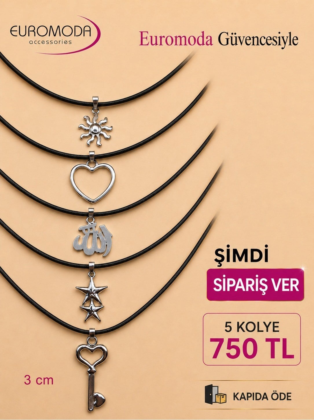 Anahtar Yıldız Kalp Detaylı 5 Adet Deri Kolye
