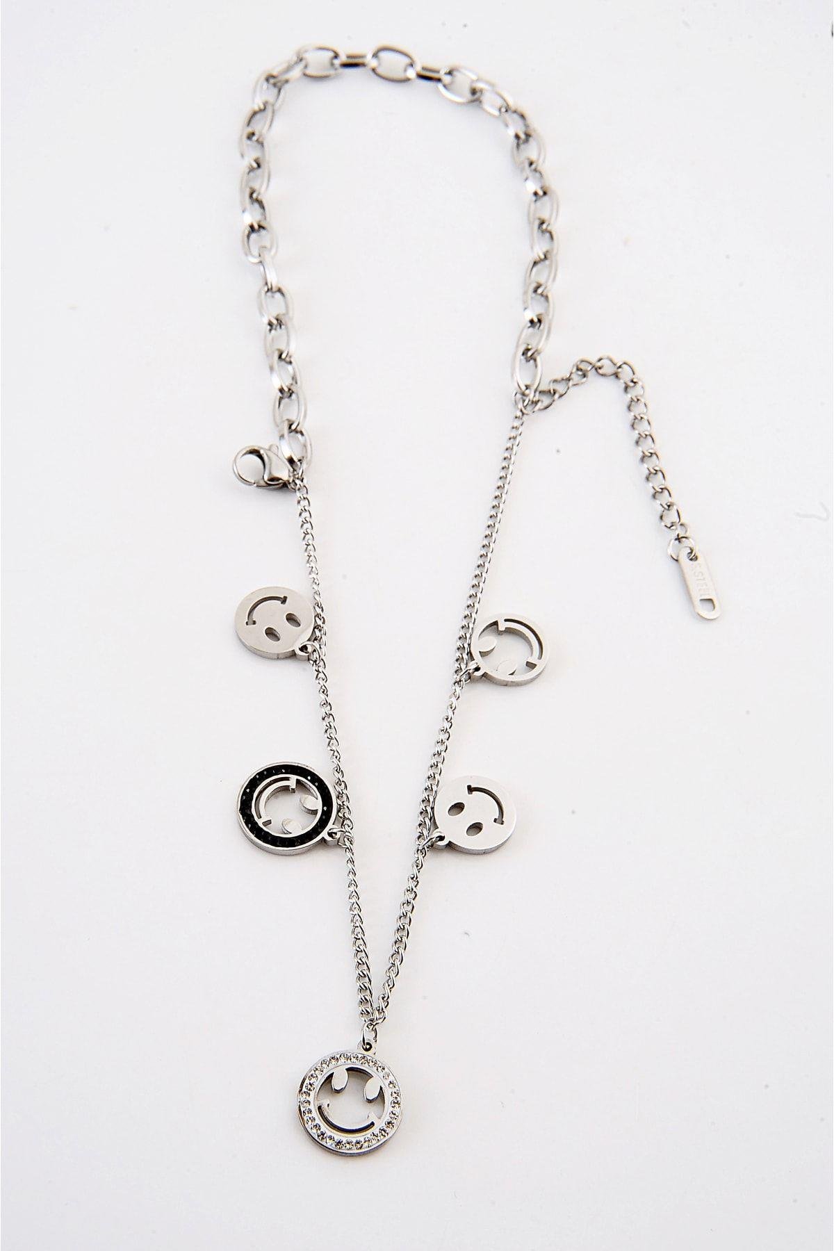 Çelik Gülen Yüz Tasarımlı Zirkon Taşlı Gümüş Renk Bileklik