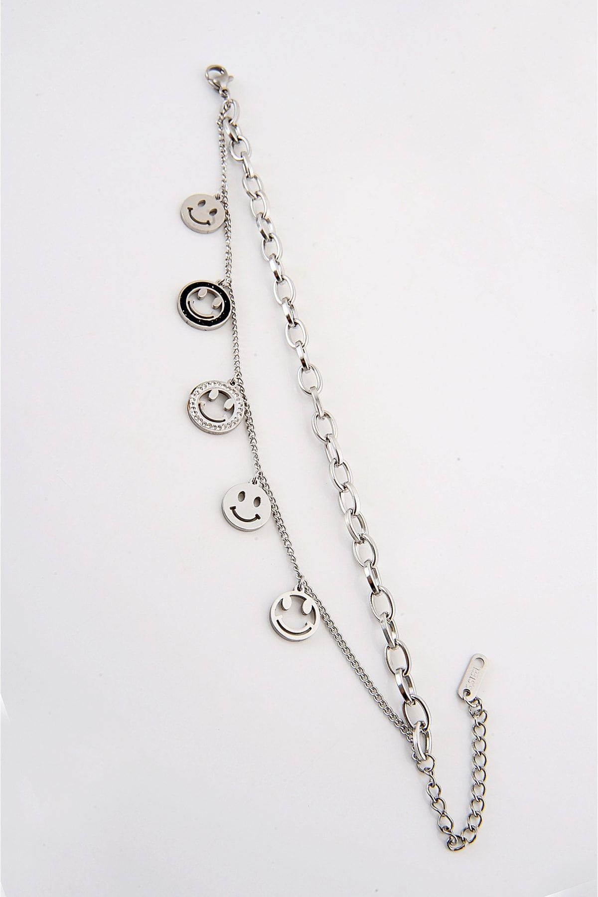 Çelik Gülen Yüz Tasarımlı Zirkon Taşlı Gümüş Renk Bileklik