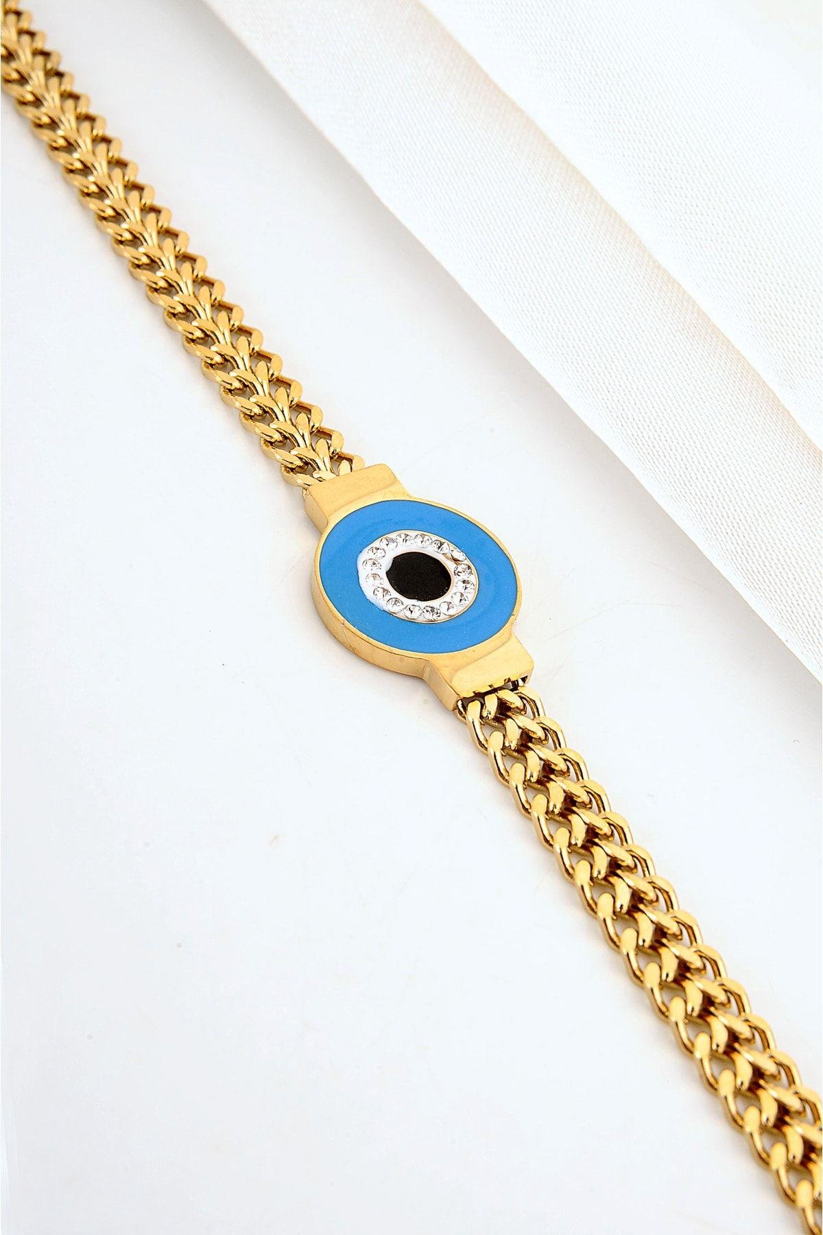 Çelik Nazar Boncuğu Tasarımlı Zirkon Taşlı Gold ve Gümüş Renkleri Bileklik