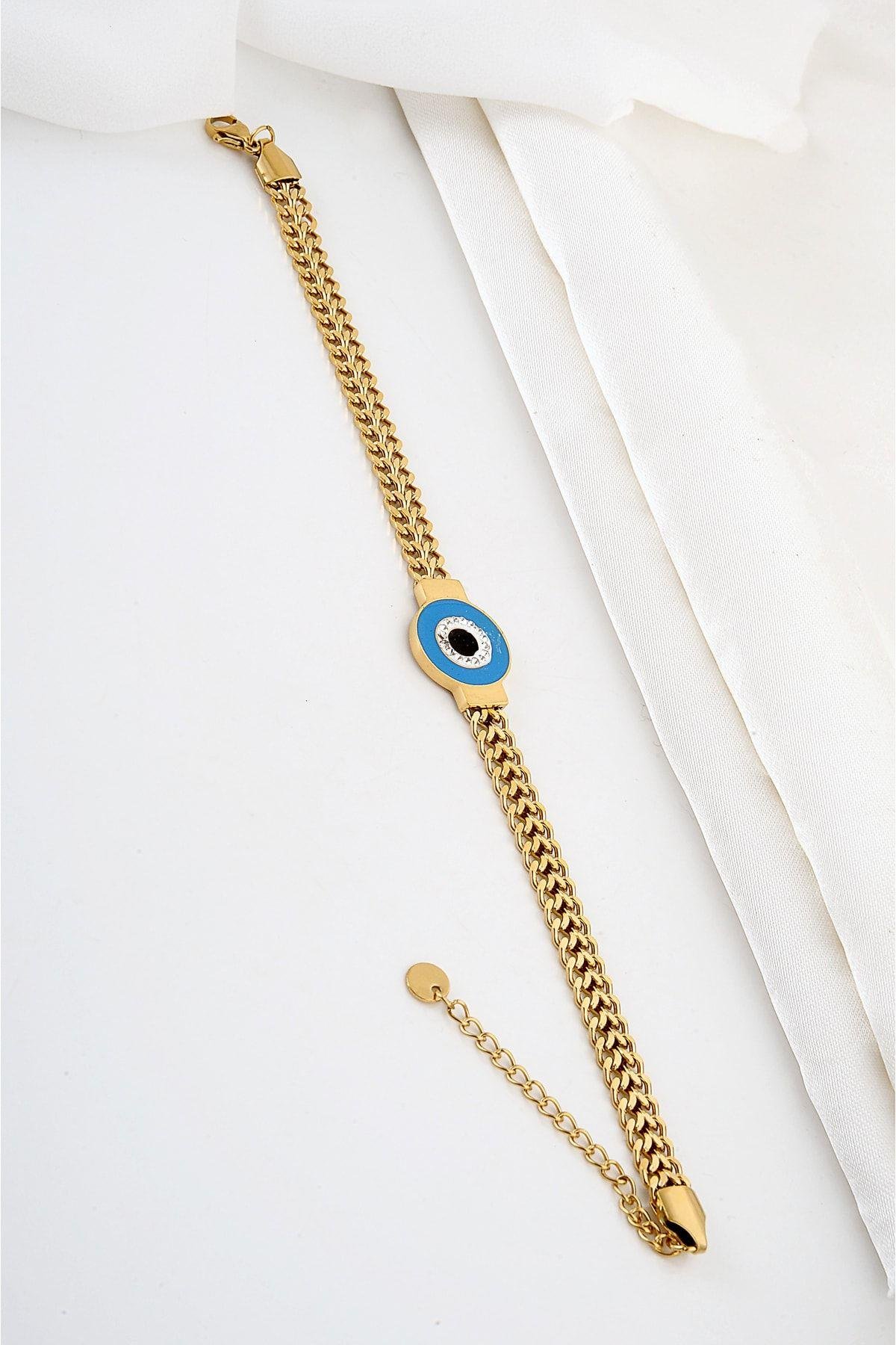 Çelik Nazar Boncuğu Tasarımlı Zirkon Taşlı Gold ve Gümüş Renkleri Bileklik