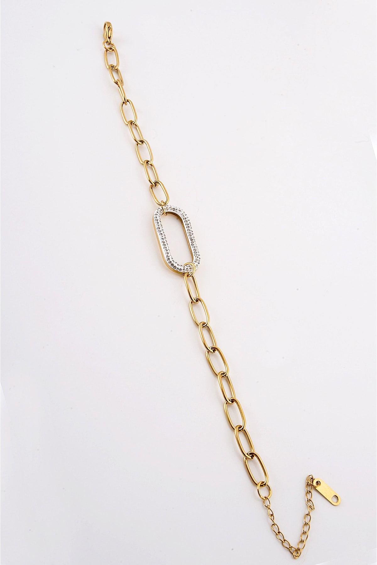 Çelik Özel Tasarımlı Zirkon Taşlı Gold Renk Bileklik