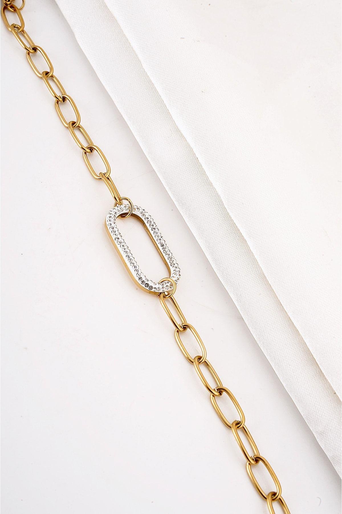 Çelik Özel Tasarımlı Zirkon Taşlı Gold Renk Bileklik