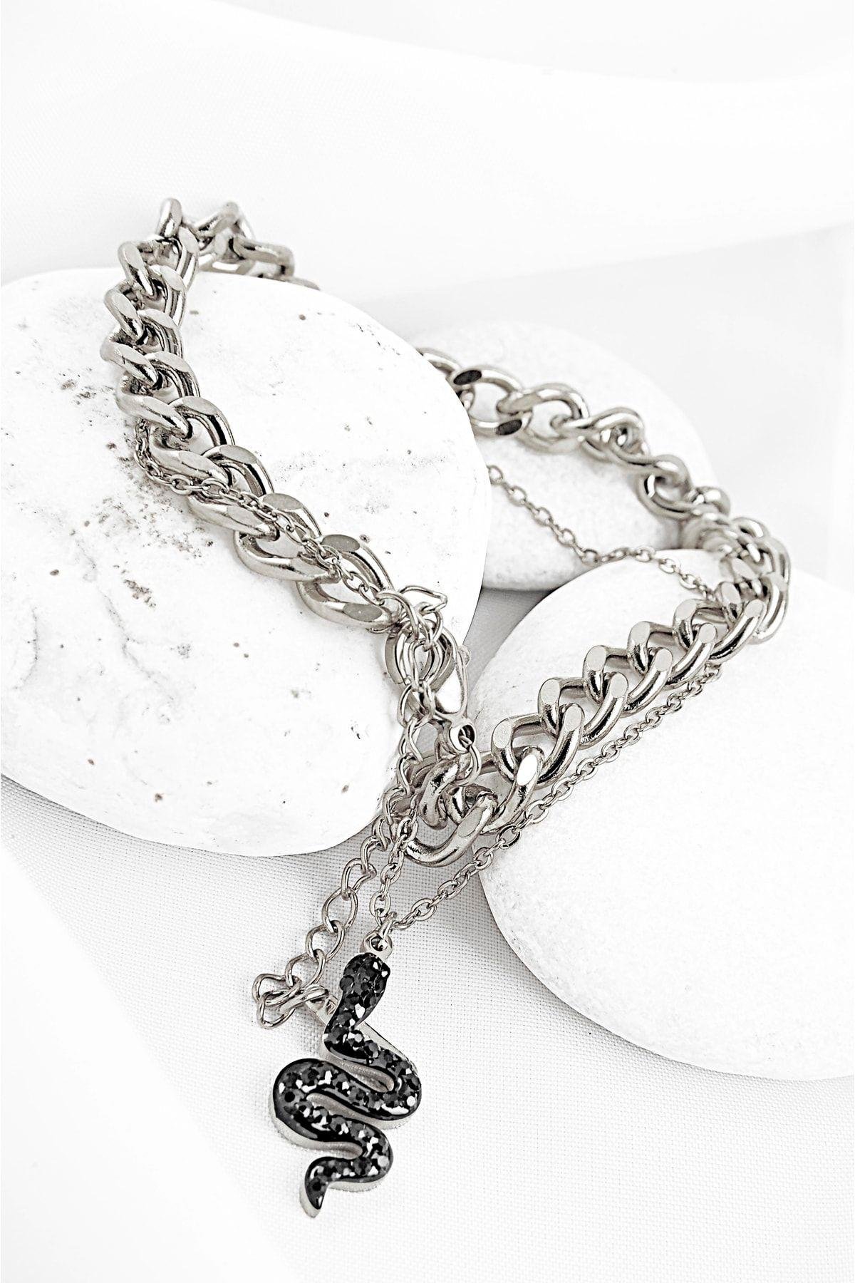 Çelik Yüksek Kaliteli Yılan Figürlü Zincirli Bileklik