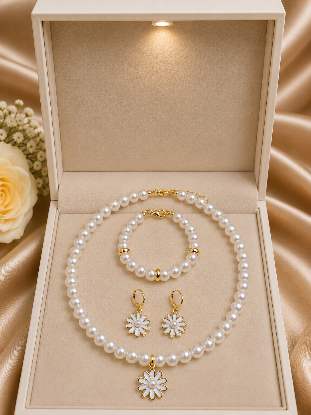 Çiçek Detaylı İnci Gold Renk 3'lü Kolye Bileklik Ve Küpe Seti